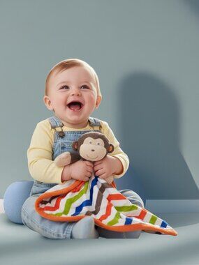 Baby Starters Monkey Lovey Blanket Soft Plush Chevron Pattern 16"x16" Multicolor